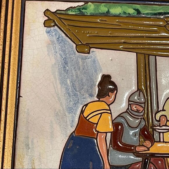 Antique Don Quixote Scene 8” Enameled Clay 8” Square Tiles Custom Framed - Picture 13 of 16